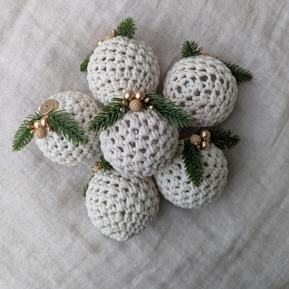 Handcrafted Crochet Ornament Ball Cream with Gold Accents Christmas Tree Gift